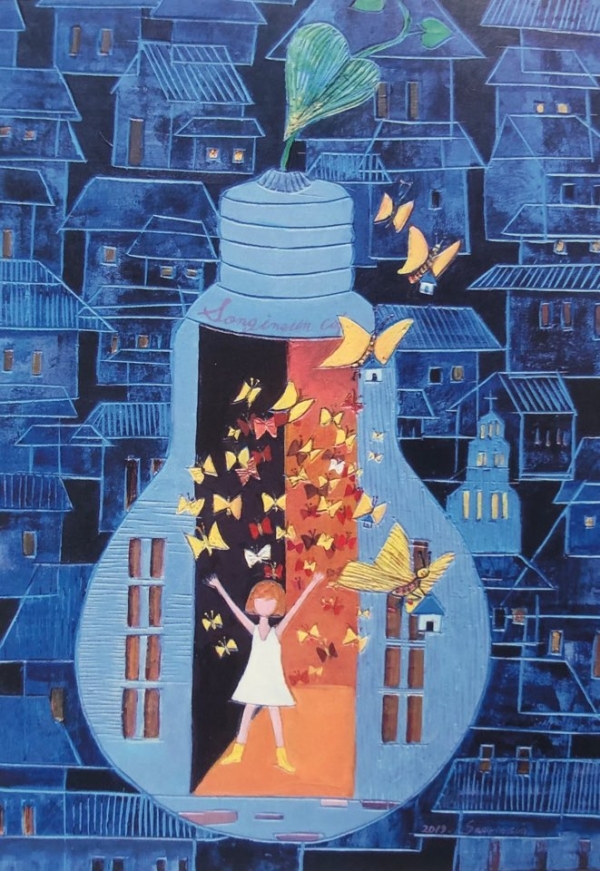 "백열등이 켜질무렵" 34.5*49.5cm Wood / acrylic painting 송인선