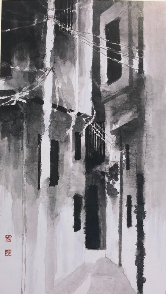 "골목길" 40*70cm 화선지에 수묵, 이재호